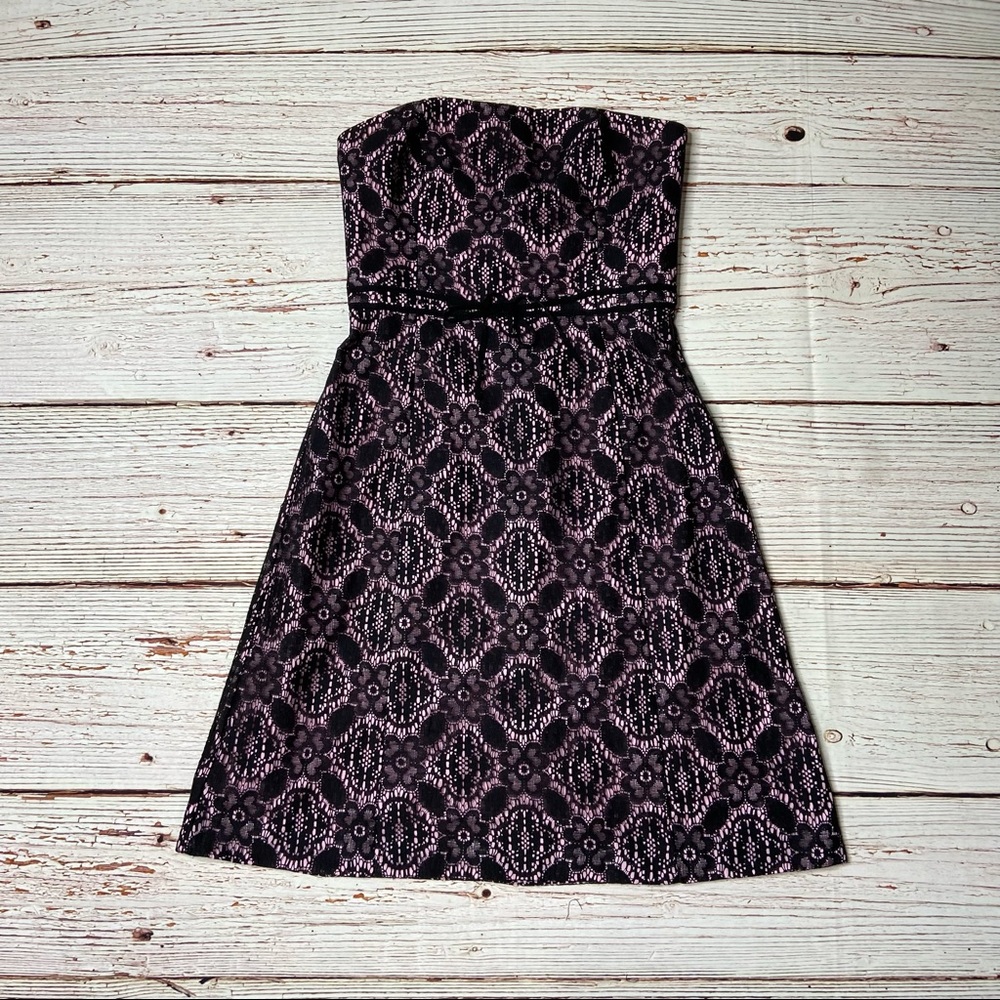 Helen Wang NYC Pink with Black Lace Strapless Fit and Flare Dress Sz 4 - Picture 3 of 16
